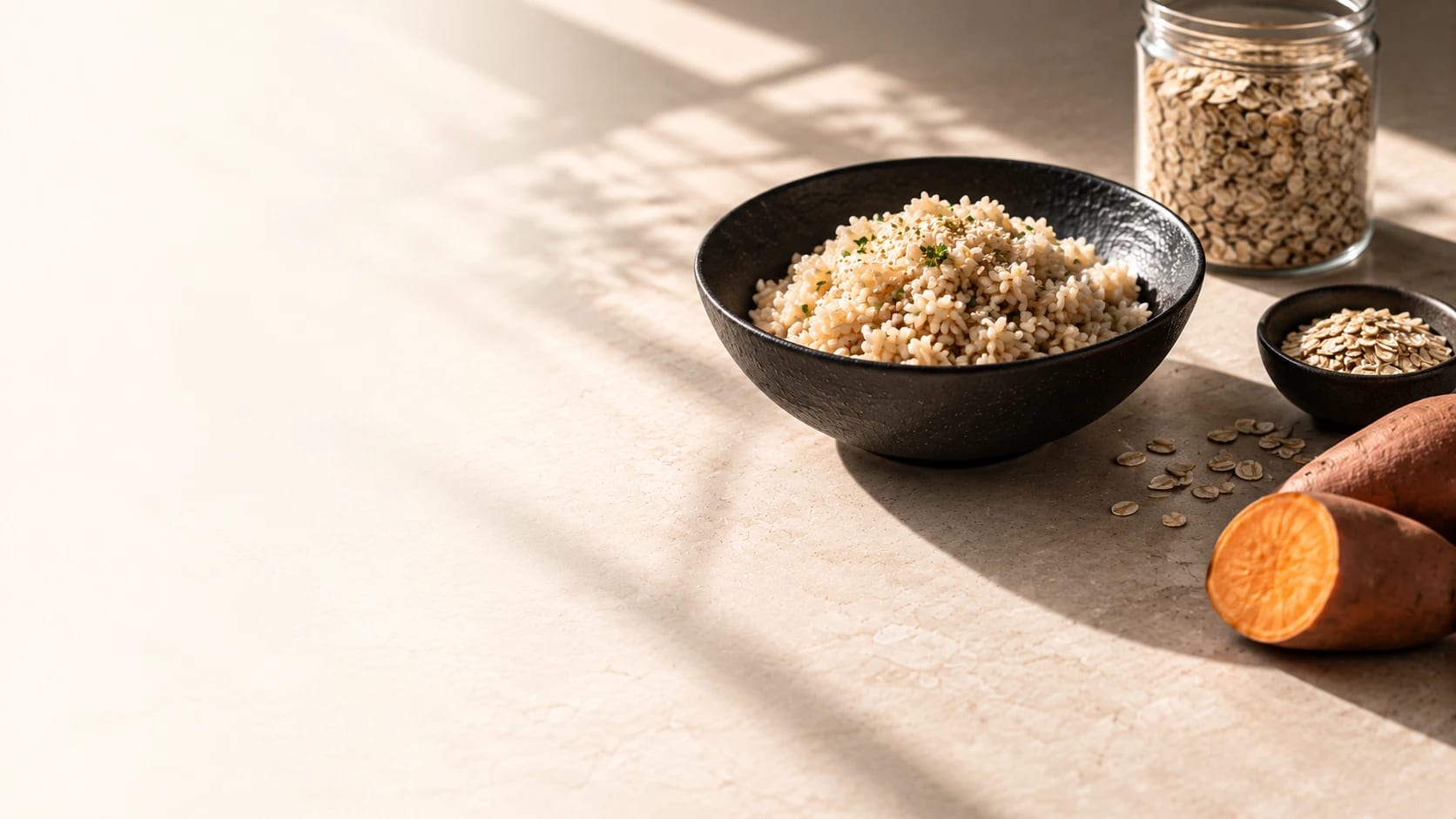 A black textured ceramic bowl of cooked rice garnished with herbs on a cream stone counter, with a glass jar of rolled oats behind it, a small dark bowl of oats, scattered oat flakes, and a whole and a halved sweet potato, under long window-light shadows.