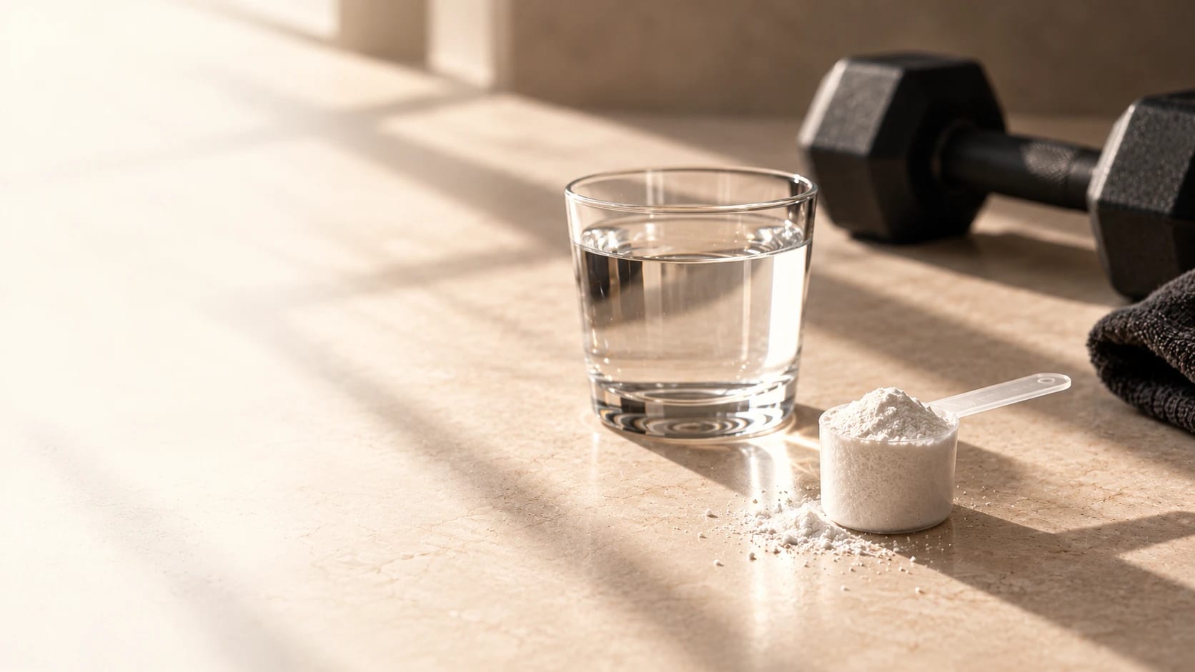 A clear tumbler of still water beside a translucent measuring scoop heaped with fine white powder, a small spill of powder next to it, on a cream stone counter; a black hexagonal dumbbell lies behind them and a dark towel sits at the right edge, all in warm window light with long shadows.