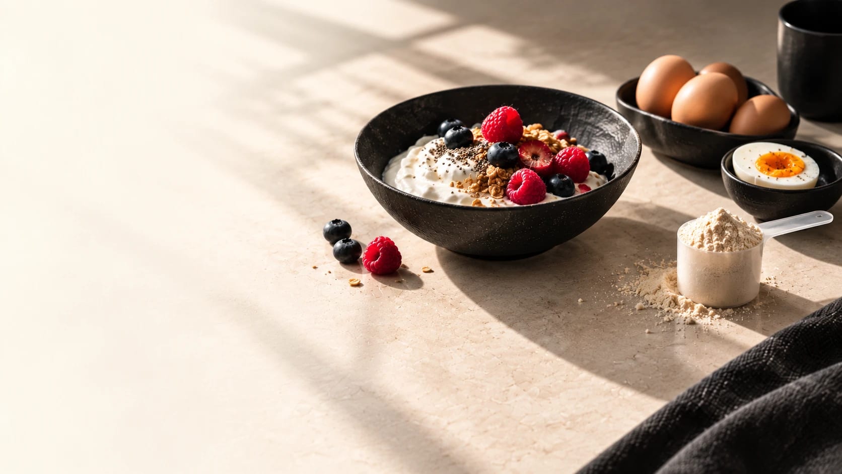 A black textured ceramic bowl of thick white yogurt topped with raspberries, blueberries, granola and chia seeds on a cream stone counter in long window light, with a bowl of brown eggs and a halved soft-boiled egg behind it and a clear scoop of pale protein powder beside it.