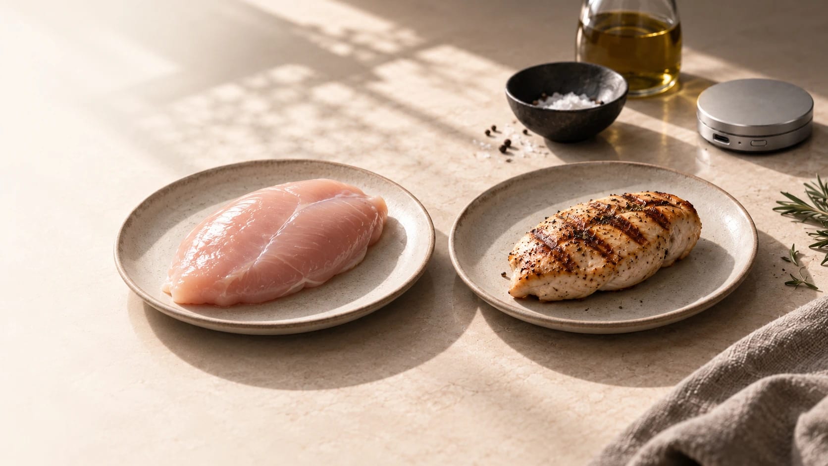 A raw chicken breast on the left and a grilled, pepper-crusted chicken breast with char marks on the right, on two speckled stoneware plates on a cream stone counter in warm light, with a bowl of salt and peppercorns, a carafe of olive oil and a round brushed-aluminum ScalePod scale behind them.