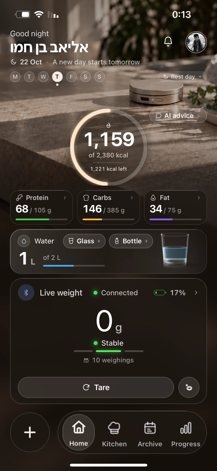 The ScalePod app home screen: today’s calories against the daily target, protein, carbs and fat against their targets, water, and the live weight from a connected ScalePod.