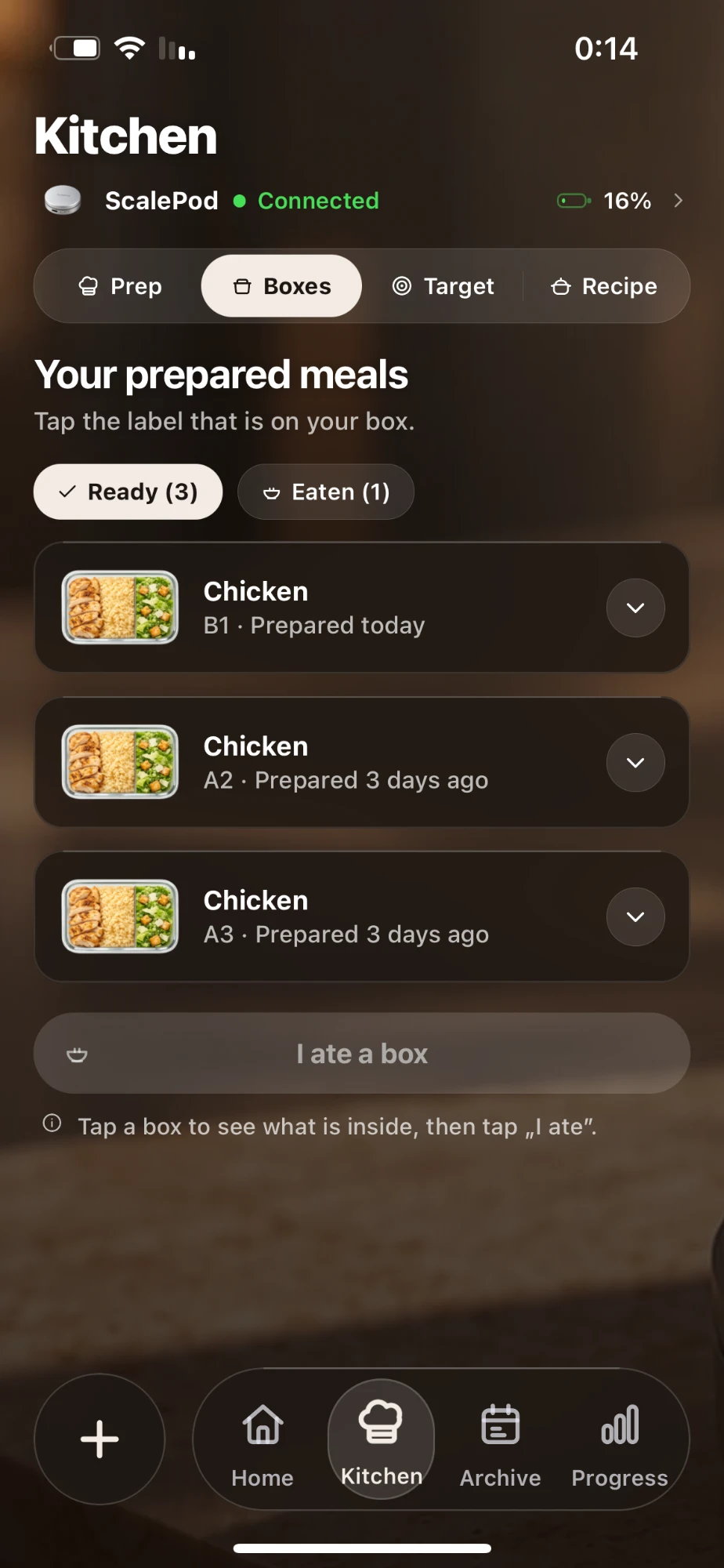 The ScalePod app Kitchen screen: prepared meal boxes, each with a label and the day it was prepared, and an “I ate a box” button.