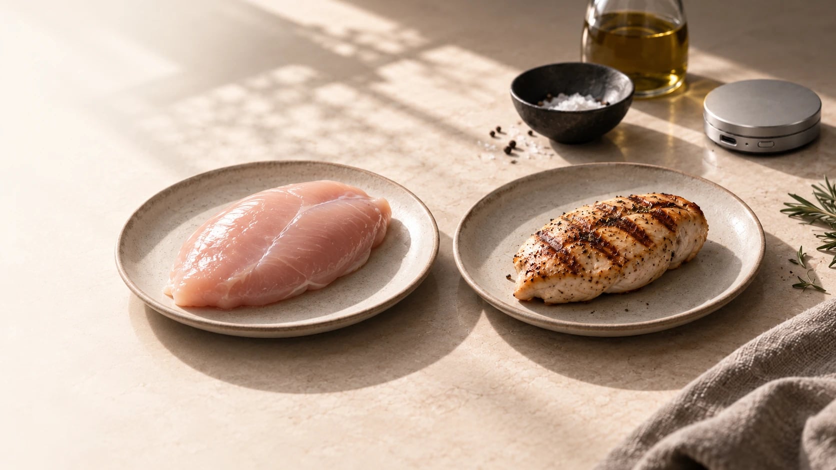 A raw chicken breast on the left and a grilled, pepper-crusted chicken breast with char marks on the right, on two speckled stoneware plates on a cream stone counter in warm light, with a bowl of salt and peppercorns, a carafe of olive oil and a round brushed-aluminum ScalePod scale behind them.